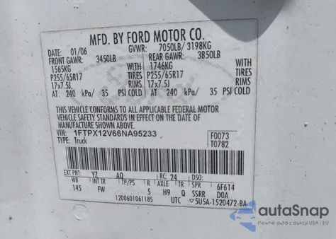 2006 Ford F-150 Lariat/Xl/Xlt z USA, uszkodzony, nr VIN 1FTPX12V66NA95233